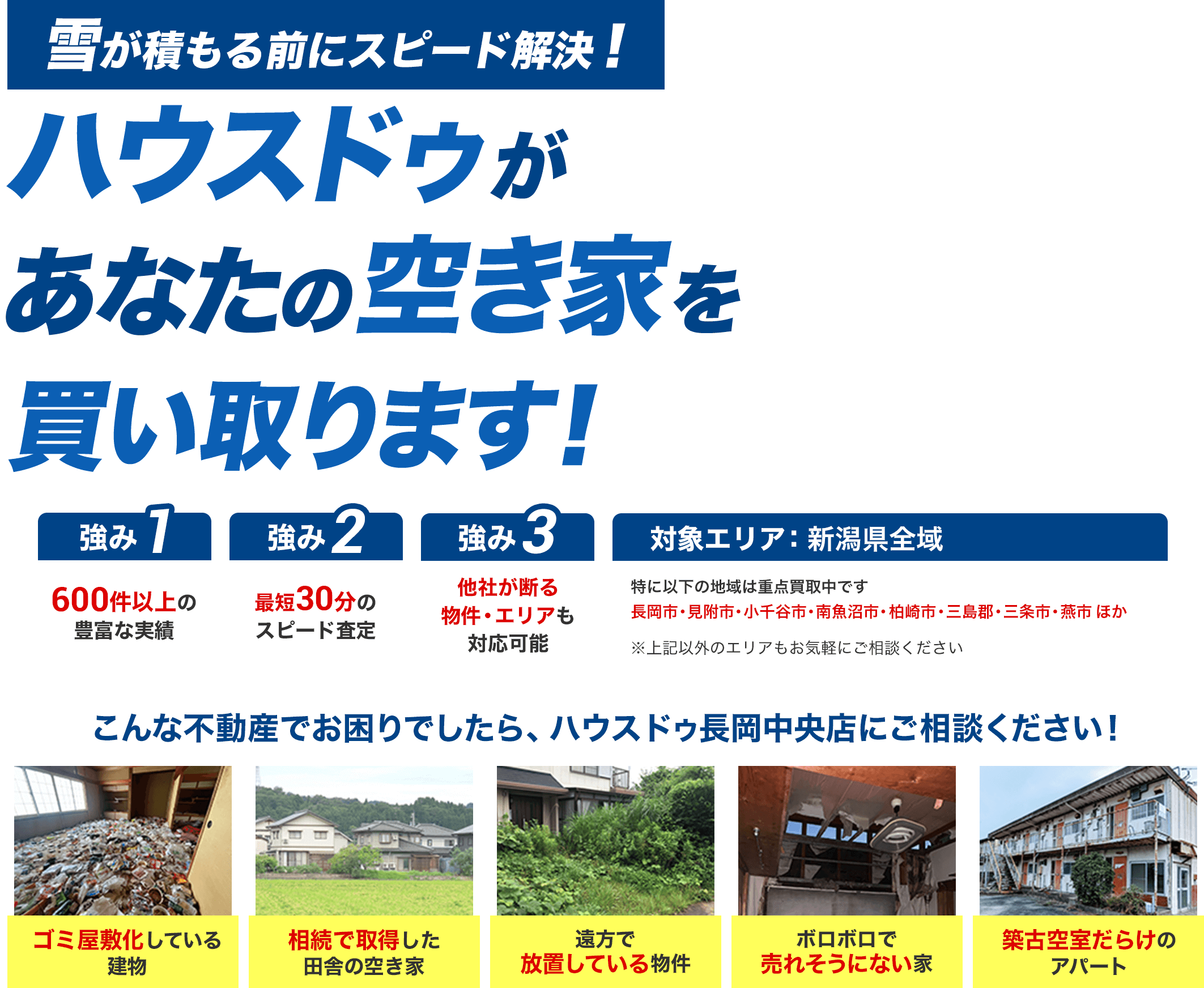 雪が積もる前にスピード解決！ハウスドゥがあなたの空き家を買い取ります！強み1：600件以上の豊富な実績 強み2：最短30分のスピード査定 強み3：他者が断る物件・エリアも対応可能 対象エリア：新潟県全域 特に長岡市・見附市・小千谷市・南魚沼市・柏崎市・三島郡・三条市・燕市は重点買取中です。※上記以外のエリアもお気軽にご相談ください。こんな不動産でお困りでしたら、ハウスドゥ長岡中央店にご相談ください！・ゴミ屋敷化している建物・相続で取得した田舎の空き家・遠方で放置している物件・ボロボロで売れそうにない家・築古空室だらけのアパート
